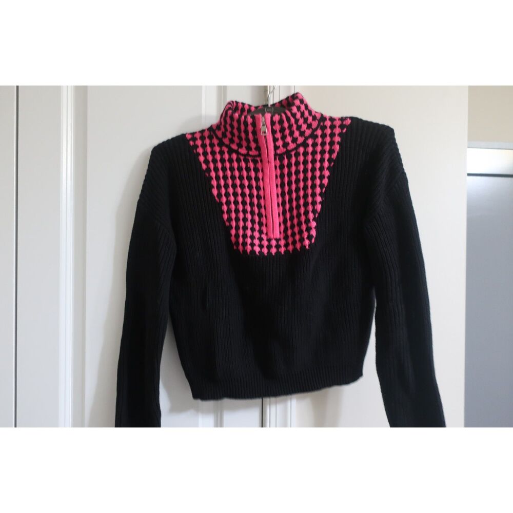 Donna Bella Quarter Zip Knit Sweater Black Hot Pink Pattern Small Women NWOT